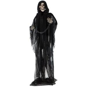 lot 43380 image: Haunted Hill Farm Life-Size Scary Grim Reaper with Chain, Halloween Animatronic with Touch Activated Lights and Sounds, Battery Operated Indoor or Covered Outdoor Halloween Decorations, Halloween Prop - Retail $77