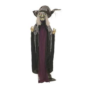 lot 43397 image: Haunted Hill Farm Life-Size Poseable Scary Talking Witch, Halloween Animatronic with Touch Activated Lights and Sound, Battery Operated Indoor or Covered Outdoor Halloween Decorations, Fright Props - Retail $56