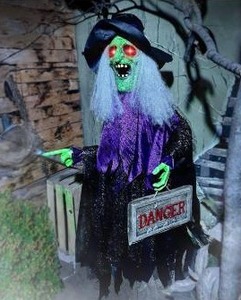 lot 43400 image: Animatronic Witch with Danger Sign Halloween Decor 43.3 in