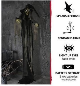lot 43401 image: Halloween Witch Animatronic Figure with Black Hat and Gray Hair - Retail $90