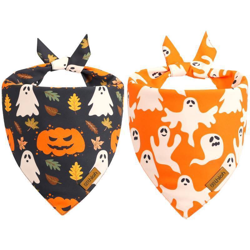 lot 73755 image: Halloween Dog Bandanas - 2 Pack Fall Dog Bibs  Reversible Pumpkin and Ghost Pet Scarf for Boys and Girls  Premium Durable Fabric  Orange Dog Bandana for Dogs (Small) - Retail $13