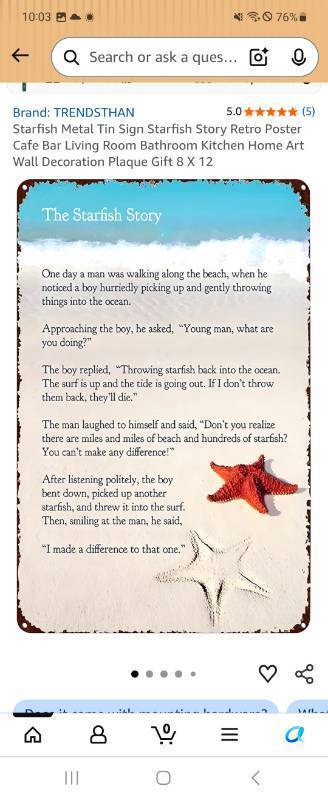 lot 73783 image: Starfish Metal Tin Sign Starfish Story Retro Poster Cafe Bar Living Room Bathroom Kitchen Home Art Wall Decoration Plaque Gift 8 X 12 - Retail $13