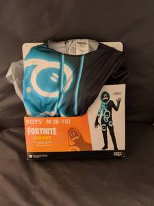 lot 25 image: NIB Fortnite Grimey Boys M (8-10) Youth Costume with Jumpsuit Hood Gloves Back Patch