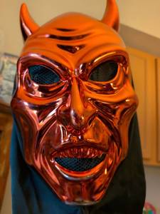 lot 46 image: Stick Mask Red Devil Horn Mask with Mesh Eyes