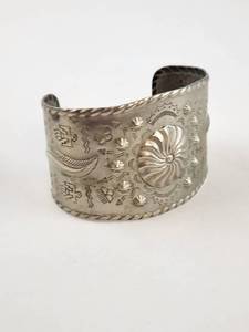 Vintage Southwest Bell Trading Company Stamped Nickel Silver Wide Cuff
