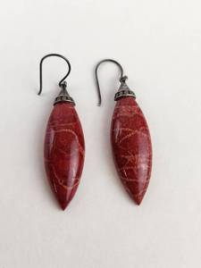 lot 111 image: Vintage Coral Teardrop Stone Earrings on Sterling Hooks