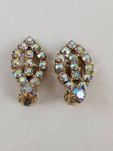 lot 159 image: Pair of Rhinestone Clip Earrings Aurora Borealis