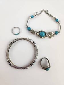 lot 200 image: Turquoise Bead Bracelet Lot 4 Pieces Silver-Tone