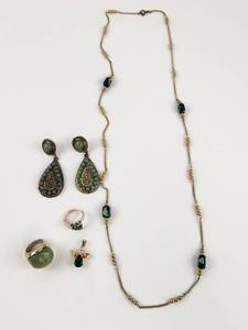 lot 204 image: Fashion Jewelry Lot Green Stone Necklace Earrings Rings