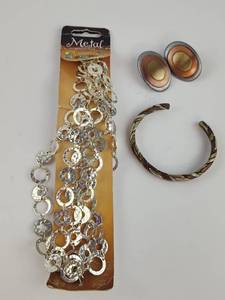 lot 218 image: Metal Madness Chain 48 in Charm Bracelet Lot with Oval Earrings and Twisted Bangle
