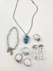 lot 220 image: Jewelry Lot 7 Pieces Rings Necklace Earrings Blue Stone
