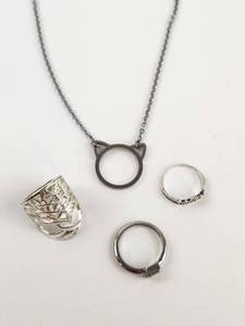 lot 223 image: Silver Jewelry Lot 4 Rings 1 Necklace Cat Pendant