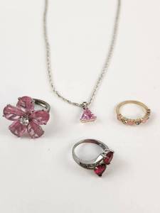 lot 231 image: Pink Jewelry Lot 3 Rings 1 Necklace