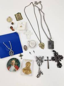 lot 268 image: Vintage Religious Jewelry & Accessory Lot - Medals Crosses Necklaces Pins