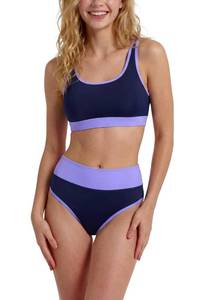 lot 1886 image: Period Swimwear Two Piece Colorblock High Waist Bathing Suit S Blue Purple - Retail $36
