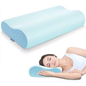 lot 1904 image: Anvo Memory Foam Pillow, Neck Contour Cervical Orthopedic Bed Pillow for Sleeping Side Back Stomach Sleeper, Ergonomic Design for Neck and Shoulder Pain Relief, Blue White, Firm - Retail $43