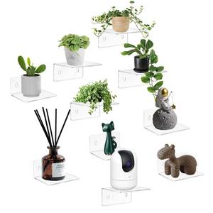 lot 1921 image: Sankoly 10 Pack 4 Inches Small Acrylic Wall Shelves,Clear Floating Shelves with Dual Installation (Adhesive & Screws), for Storing Surveillance Cameras, Speakers, Perfume Bottles, Plants - Retail $18
