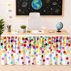 lot 1935 image: ClassyWhimsy 14 ft Teacher Desk Skirts Confetti Table Skirt Cloths for Teacher Desk Colorful Ruffle Rectangular Tablecloth for Classroom Office Bookcase Cabinet School Themed Party Supplies(White) - Retail $27