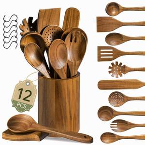 lot 1954 image: Fyctio 12 PCS Natural Acacia Wooden Utensil Set Wooden Spoons for Cooking - Retail $49