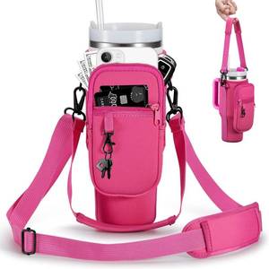 lot 1956 image: BULKITEM Water Bottle Carrier Bag with Phone Pocket for Pink Stanley 40 oz Tumbler with Handle, Hot Pink Insulated Neoprene Cup Holder Pouch Strap for Valentines Stanley Cup Accessories - Retail $10