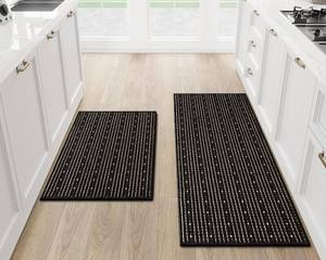 lot 2061 image: eqivei Kitchen Rugs Washable Non-Skid 2-Piece Set, 20x47  20x32 Absorbent Soft Floor Mats for Kitchen Sink & Entryway, Decorative Runner, Easy Clean Anti-Fatigue Comfort (Black) - Retail $30
