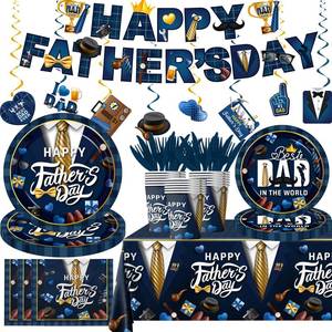 lot 2063 image: Navy Blue Fathers Day Decorations, Happy Fathers Day Plates and Napkins Sets with Cups Tablecloth and Banner Fathers Day Decorations for Best Dad Ever I Love Dad Birthday Party, Serve 24 - Retail $18