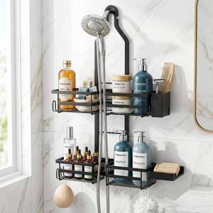 lot 2066 image: Gabeeriso Shower Caddy Hanging Overhead, Adjustable Organizer, Black - Retail $20