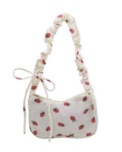 lot 2071 image: AMPOSSTO Cute Strawberry Print Shoulder Bag Small Corduroy Crossbody Purse Casual Handbag for Women Girls - Retail $18