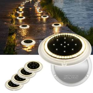 lot 2088 image: SHONE SHONELIGHTING Solar Ground Lights, 48 LEDs Deck Disc, Warm White, 6Pk - Retail $84