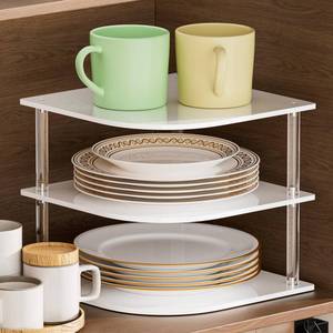 lot 2093 image: Plate Organizer for Cabinet Space Saver - Acrylic Corner Shelf for Dishes, Bowls, 3-Tier Kitchen Countertop Cabinet Organization, Dinner Plates Holder, and Small Shelf for Bathroom Storage - White - Retail $23