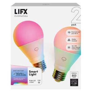 lot 2096 image: LIFX Smart Light Bulbs A19 - RGB Color Changing, 800 Lumens, Matter 2-Pack - Retail $24