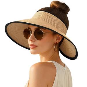 lot 2107 image: Womens Sun Visor Hats Wide Brim Straw Beach Hat Ponytail Hats for Women Foldable Floppy - Retail $12