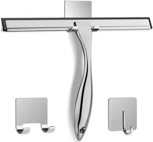 lot 2122 image: All-Purpose Stainless Steel Shower Squeegee for Shower Doors with 2 Adhesive Hooks, Bathroom Cleaner Tool Household Window Mirror Squeegee for Home Cleaning, Glass Door, Tile Wall, Car, 12 Inch Silver - Retail $20