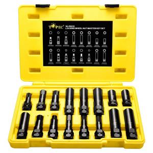 lot 2125 image: Topec 16-Piece Locking Lug Nut Master Key Set  5, 6, 7, 12 Spline Socket Set, Star and Internal Hex Style Lug Nut Key Set, CR-MO Steel (Not for Hex, Deep, Large-Size, and 10-Spline) - Retail $47