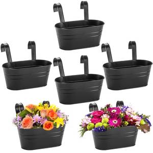 lot 2134 image: Foraineam 6 Pack Hanging Flower Pots, Metal Iron Hanging Planter Plant Pot Holders for Railing Fence Balcony, Black Hanging Bucket Pots Outdoor Porch Decors with Detachable Hooks and Drain Holes - Retail $22