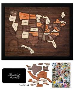 lot 2137 image: MAP ONLY, INSERTS NOT INCLUDED flinelife USA Travel Map, 17x13, Wooden USA Map Puzzle, Perfect for Couples and Families Gift - Retail $53