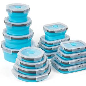 lot 2142 image: Collapsible Silicone Food Storage Containers Set with Lid & Air Vent, Foldable Lunch Containers, 16 Pack (8 Rectangular  8 Round Bowls), BPA-Free, Space-Saving - Retail $50