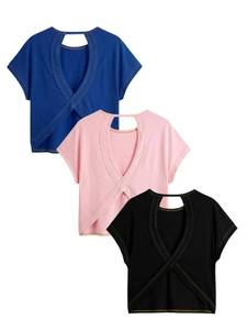 lot 2147 image: PHOTO FOR REFERENCE SEE PHOTOS FOR COLOR RoseSeek Womens 3 Packs Open Back Tops T Shirt Criss Cross Cut Out Tee Short Sleeve Crewneck Summer Backless Tops Black Multicolor X-Small - Retail $2,157