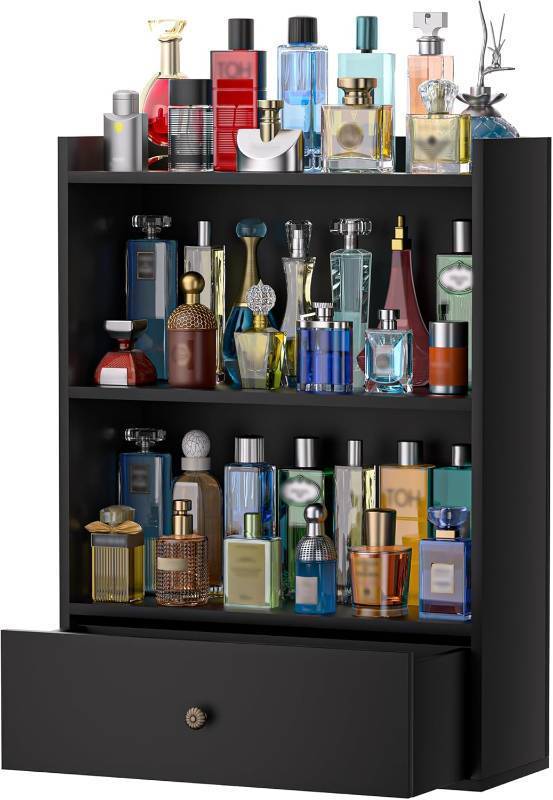 lot 1010 image: $79 3-Tier Cologne Organizer, Wooden Perfume Stand with Drawer Storage (Bla