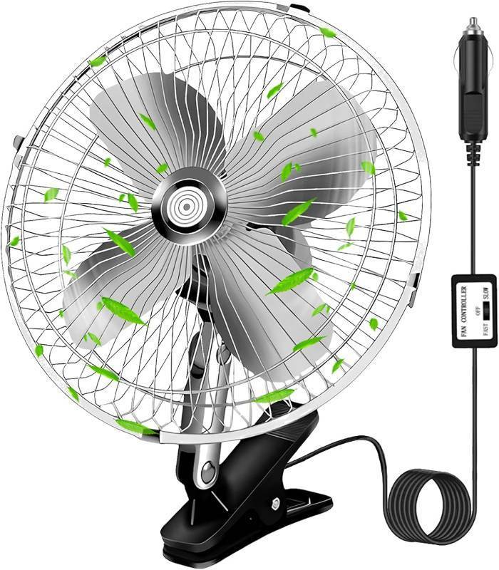 lot 1088 image: 10-Inch Silver Cigarette Lighter Fan, 2-Speed, 360  Rotation, Clip-On, 12V