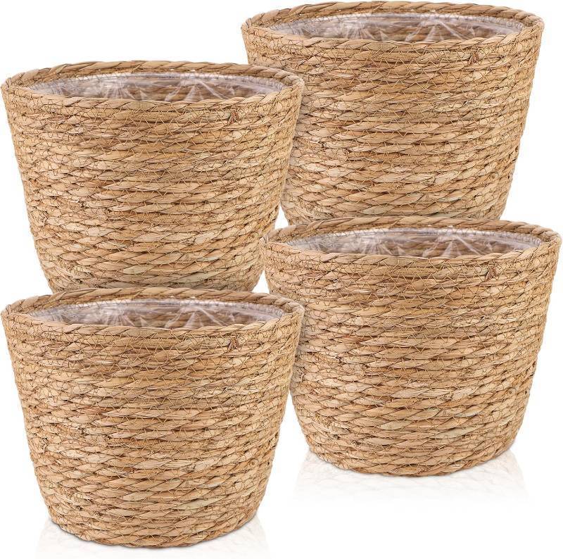 lot 1344 image: 4 Pcs Seagrass Planter Baskets with Plastic Lining for IndoorOutdoor Plant