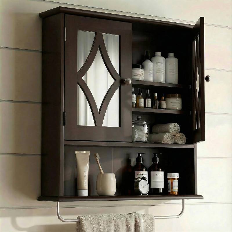 lot 1372 image: $55 RoyalCraft Wall Mounted Bathroom Medicine Cabinet with Towel Rack 22x25