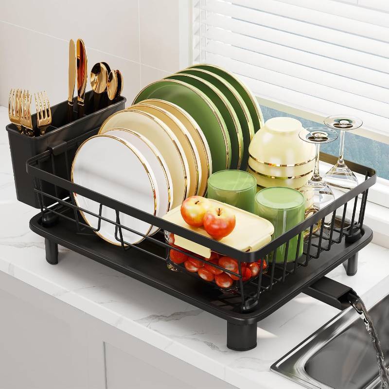 lot 2318 image: Dish Drainer Rack with Drip Tray, Cup & Utensil Holders, Black