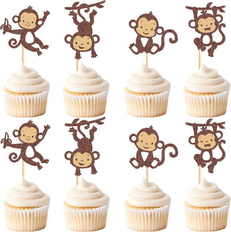 lot 2445 image: 24Pcs Glitter Brown Monkey Cupcake Toppers - Cupcake Picks for Baby Shower