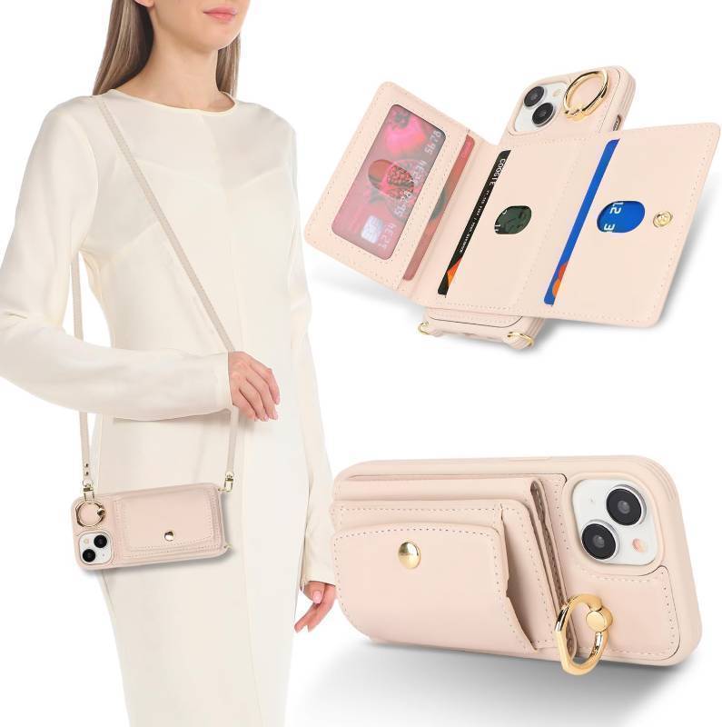 lot 63975 image: for iPhone 15 Case with Card Holder for Women, for iPhone 15 Phone Case Wallet with Strap Credit Card Slots Crossbody with Kickstand Zipper Case for iPhone15-White, BWhite