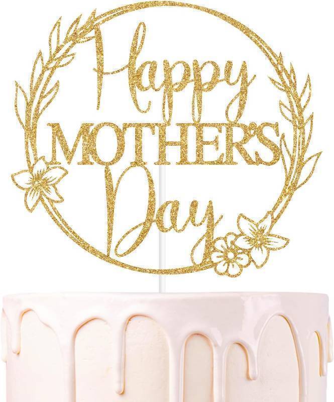 lot 66707 image: Glitter Happy Mothers Day Cake Topper, Spring Flower Mothers Birthday Cake D cor, Funny Summer Flower Themed Mothers Day Party Decorations Supplies (Gold)