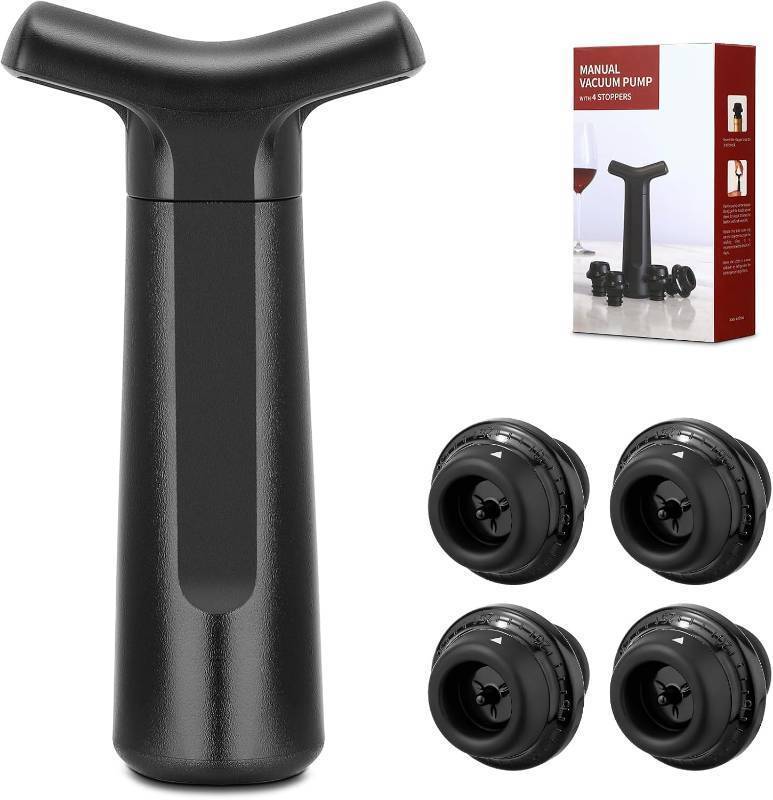 lot 66812 image: 1 Pump  4 Stoppers Wine Stopper, Wine Saver Vacuum Pump with 4 Reusable Stoppers, Wine Bottle Preserver & Sealer Keeps Fresh Longer, Ergonomic Handle, ideal Gift