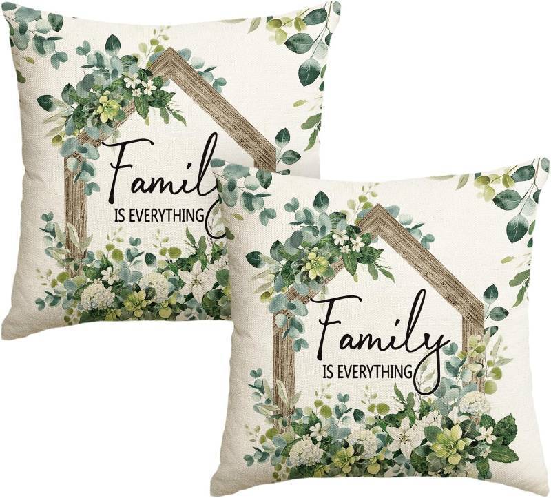 lot 67991 image: AVOIN colorlife Family is Everything Spring Floral Throw Pillow Covers, 18 x 18 Inch Eucalyptus Flowers Summer Cushion Case Decoration for Sofa Couch Living Room Bedroom Home Decor Set of 2