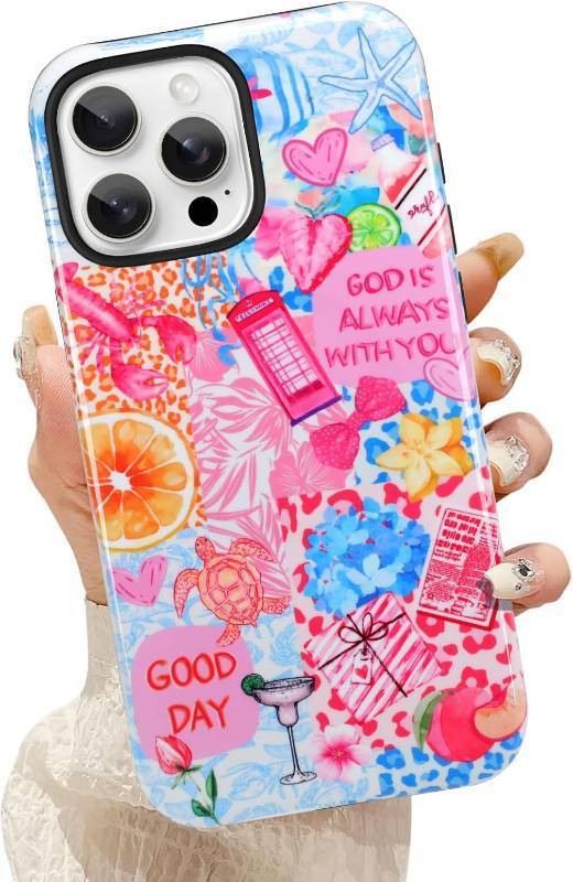 lot 68063 image: KANGHAR Case Compatible with iPhone 15 Pro Max Compatible with Magsafe Summer Collage Coastal Scratch Resistant Hybrid 2-Layer Hard Protective Phone Cover for Girl Women Boy Men 6.7 Inch Pink