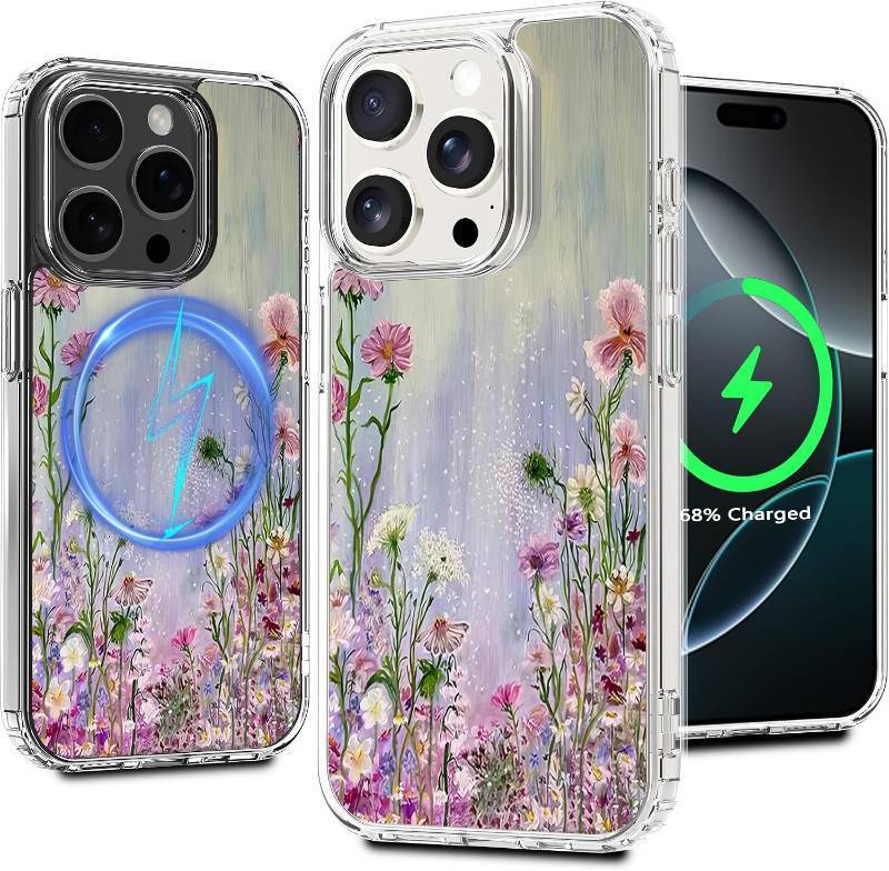 lot 68073 image: Magnetic Clear Case for iPhone 16 Pro, Floral Printing Pattern Design for Women Girls Shockproof Flower Protective Bumper Non-Yellow MagSafe Case, 6.3 (Pic 13)